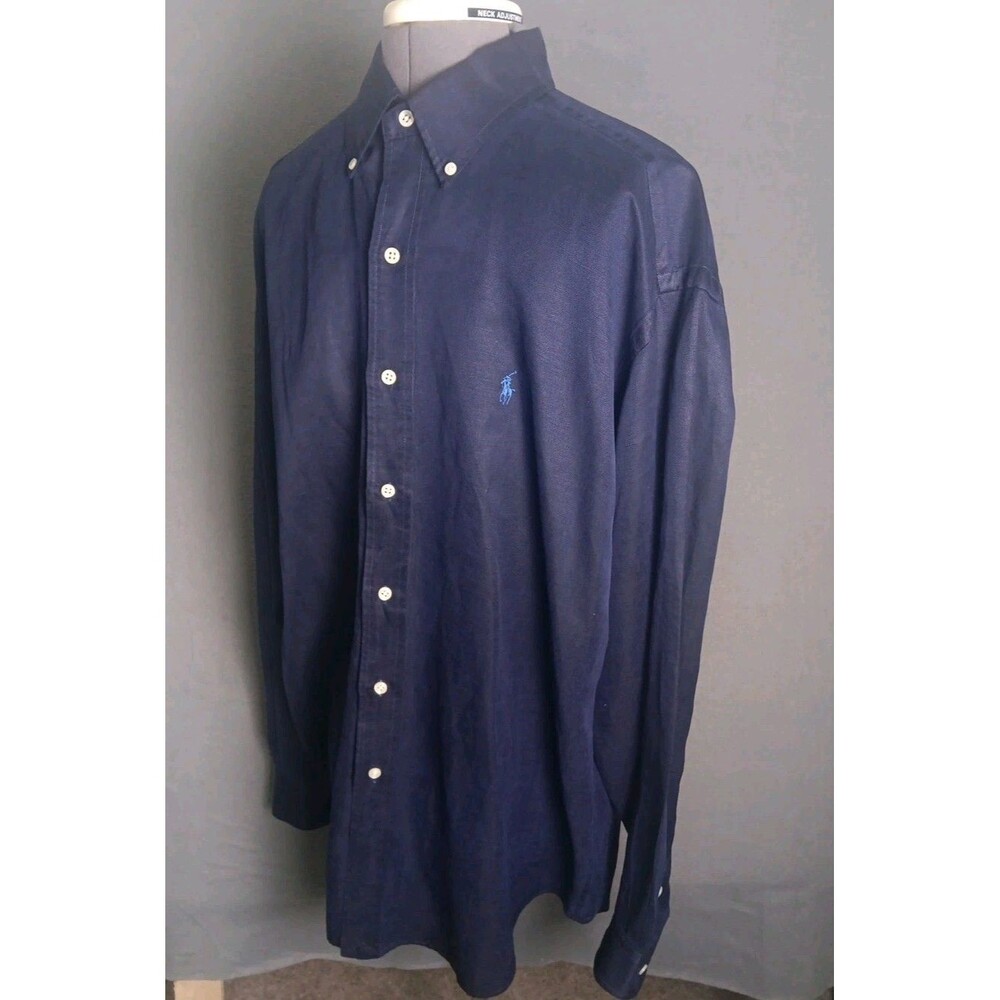 Vntg Ralph Lauren Shirt Mens Medium Blue Silk Linen Blake Classic Pony Navy EUC